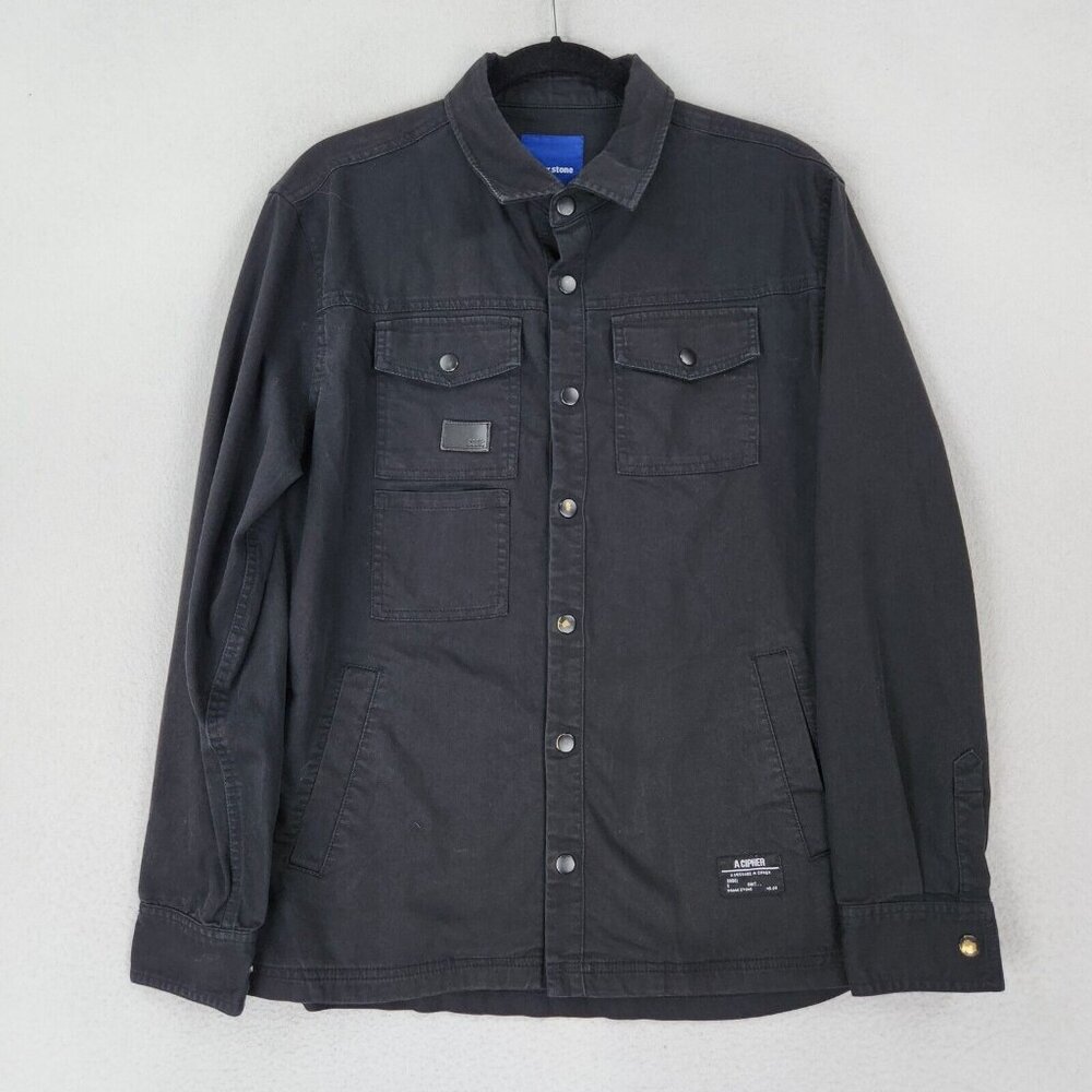 Frank Stone Jacket Mens Medium 95 Black Decipher Code Name Snap Front Shacket